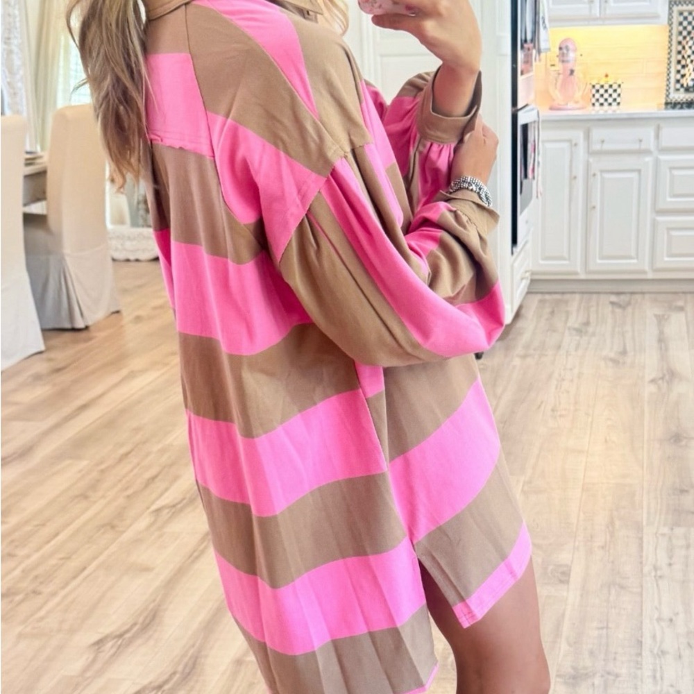 Pink and Mocha Striped Long Sleeve Oversized Dress or Shirt - Picture 3 of 5